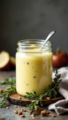 Beef tallow jar with spoon on rustic wooden table.
