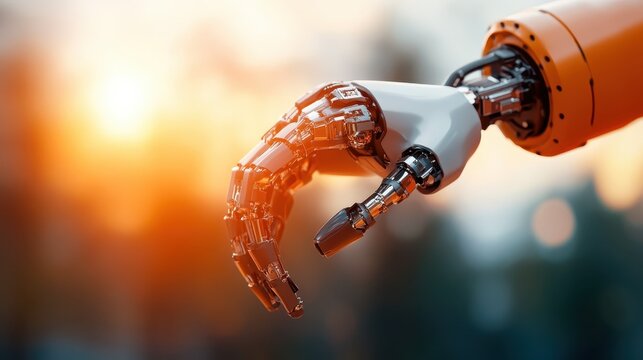 A close-up of a robotic hand extended towards the glowing sunset, symbolizing the connection between technology and nature in a serene setting.