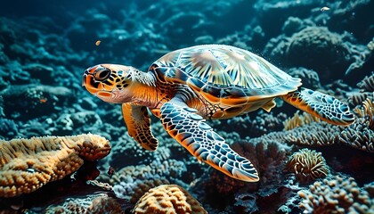 Obraz premium Graceful sea turtle swimming among vibrant coral reefs in a lush underwater environment captivating marine life perspective