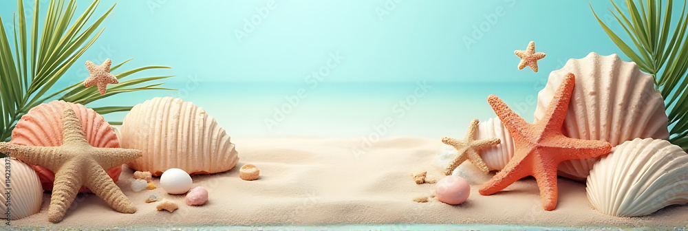 Poster summer time concepts feature seashell starfish and coastal decorations on an abstract style beach ba