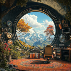 Exploring a retro-futuristic steampunk world, where vintage machinery blends with advanced technology, offering a breathtaking view