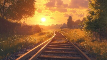 A tranquil scene of railway tracks leading into a beautiful sunset, with golden rays illuminating the path ahead, evoking a sense of adventure and nostalgia