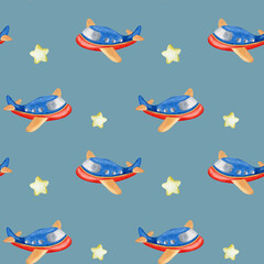 Seamless pattern of watercolor isolated  elements for a little boy on light blue background.Children toys, airplanes and stars.