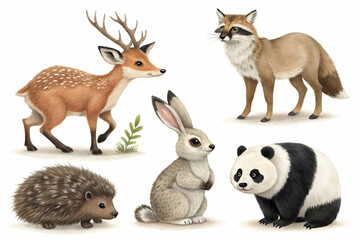Fototapeta premium A charming illustration featuring a deer, fox, rabbit, hedgehog, and panda in a whimsical style, showcasing various woodland animals.