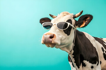 A cool cow wearing sunglasses against a vibrant turquoise background, showcasing a playful and fun vibe.