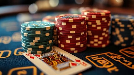 Fototapeta premium Casino poker chips and queen of diamonds card on felt table.