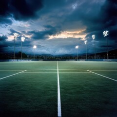 A football field with a cloudy sky in the background