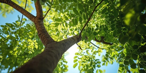 Fototapeta premium Gazing up at the sky while nestled beneath a lush green moringa tree, one can fully appreciate the beauty and serenity that the moringa tree offers in its vibrant and inviting shade.