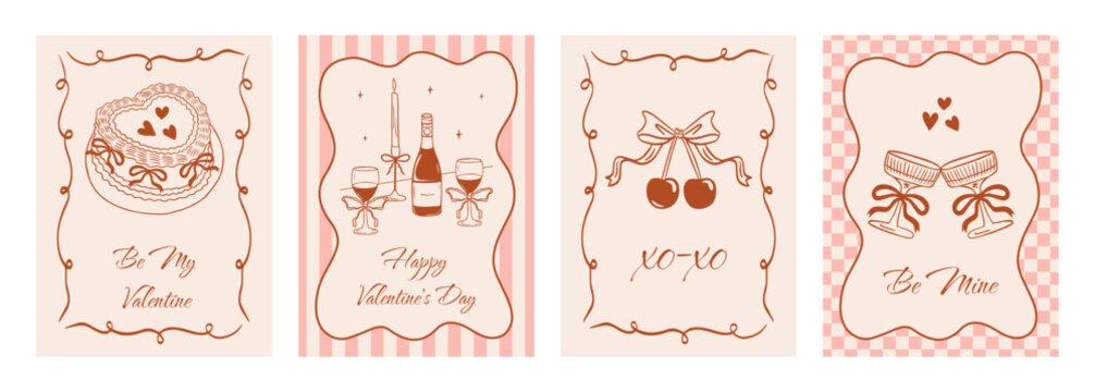 Big set of vintage greeting cards for Valentine's Day in coquette style. Romantic border with ribbon frame and bow in the la Dolce Vita aesthetic. Vector doodle hand drawn illustration.