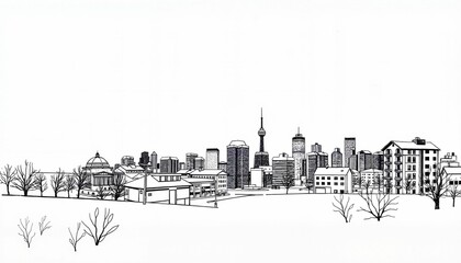 Minimalist Ink Drawing of Toronto Winter Skyline with Bare Trees