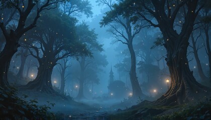 Fototapeta premium Mystical Forest Path Leading to Ancient Temple in Ethereal Moonlight