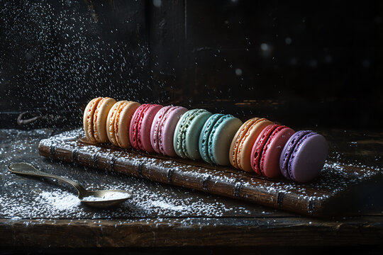 A dramatic dark background with vibrant macar