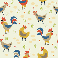 Nature, forest, farm, chicken, abstract trees and  flowers, cottage hauses. Trendy background, panorama, seamless pattern. Vector