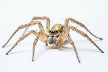 Close-up of spider with detailed eyes and furry body on white background