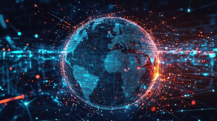 Fototapeta premium A pixelated globe deconstructing into streams of network pathways, front view, representing the decentralization of information, digital tone, Split-complementary color scheme 