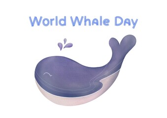 world whale day poster, watercolor hand drawn whales and text, save ocean and underwater animals