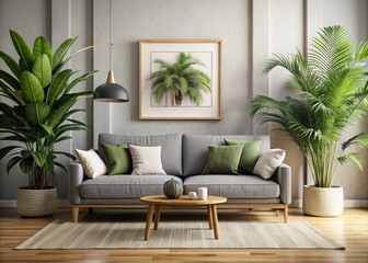 Showcase your portrait on a stylish gray sofa; 3D rendered mockup with tropical accents.