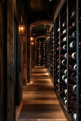 Dark hallway, wine racks, brick walls, wooden floor.