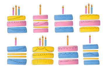 birthday cakes set. watercolor happy birthday card, collection of minimalistic illustrations, festive food, dessert