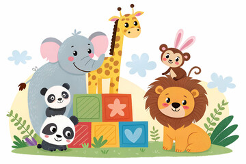 A colorful illustration featuring cute cartoon animals like an elephant, giraffe, monkey, lion, and pandas playing with blocks in a vibrant jungle setting.
