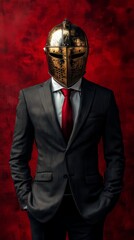 Businessman wearing medieval helmet and suit posing on red background