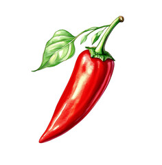 A red hot chili pepper with green  leaves  watercolor hand drawing painting, vegetable, isolated on white background, png


