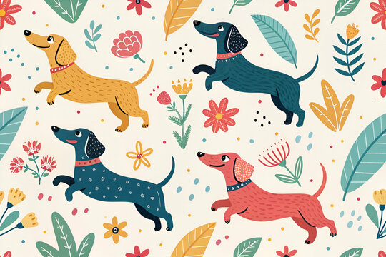 A playful, colorful illustration featuring four dachshund dogs among flowers and leaves, showcasing a cheerful, whimsical design.