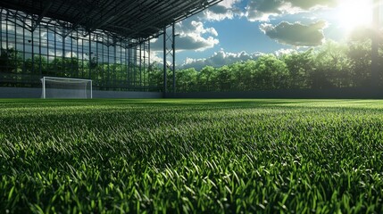 A lush green soccer field with clearly visible goalposts under bright sunlight.