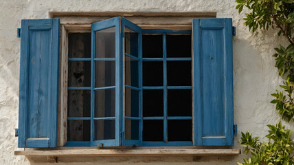 Wooden Open Window Blue Shutters An open window with blue shutters on a yellow wall casting a shadow of a person standing in the doorway,
