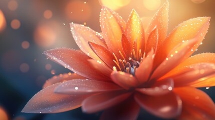 Fototapeta premium A vibrant close-up of a blooming flower with delicate petals glistening with fresh water droplets, showcasing the intricate details and colors against a soft-focus background.