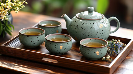 Traditional Chinese tea set with a speckled green ceramic teapot and matching cups, beautifully arranged on a wooden tray with floral accents 