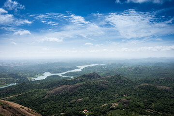Fototapeta premium Savandurga hills, it is situated at 60 km west of Bengaluru, Karnataka, India. It is the largest monolith hills in Asia famous for trekking, rock climbing and a pilgrim.
