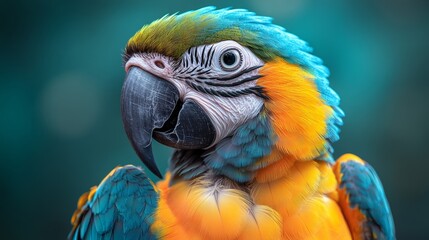 Fototapeta premium Colorful blue-and-yellow macaw parrot looking sideways