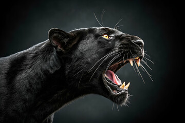 A fierce black panther roaring, showcasing its sharp teeth and intense gaze against a dark background, emphasizing its power and majesty.