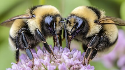 Two bumblebees face-to-face on a purple flower.