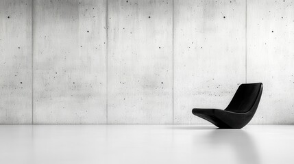 A sleek, black modern chair is placed in a minimalist concrete room, emphasizing simplicity, modernity, and elegance in its overall aesthetic design appeal.