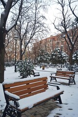 Snow-Covered Park Benches in Winter Wonderland Setting