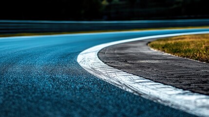 A close-up of the curved section of a track, highlighting the white lines.