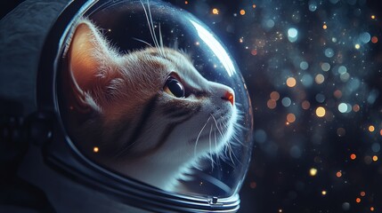 Curious cat astronaut wearing spacesuit exploring galaxy