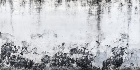 Obraz premium Panoramic view of an old wall texture featuring dirty gray cement with black abstract elements, highlighting grey and silver colors against a light white background.