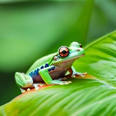 Naklejka premium Close-up of a tree frog with vibrant, jewel-toned eyes, perched on a dewy green leaf against a blurred jungle background