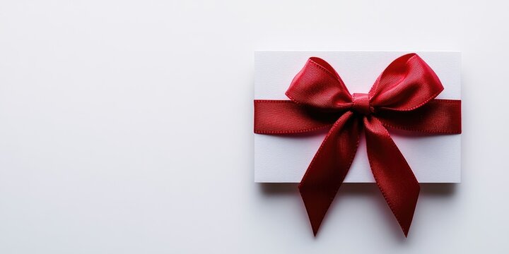 Blank gift card featuring a red bow, displayed on a white background from a top view perspective, ideal for showcasing customizable gift card options and designs.