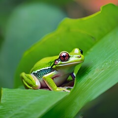 Close-up of a tree frog with vibrant, jewel-toned eyes, perched on a dewy green leaf against a blurred jungle background