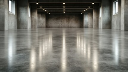 A modern polished room featuring shiny concrete floors, exposed ceiling beams, and soft lighting, giving a reflective and open spacious feeling.