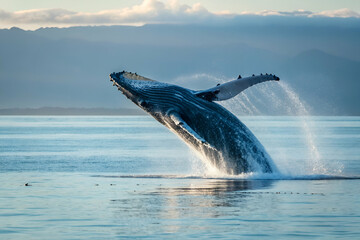 Fototapeta premium A majestic whale breaches the water, showcasing its powerful body against a serene ocean backdrop, with mist rising in the air.