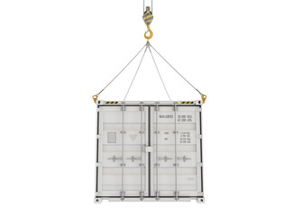 Front view of a white cargo container being hoisted by hooks, isolated on a transparent background. The concept of service delivery and transportation. PNG. 3D illustration.