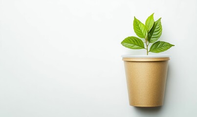 Plant sprout in brown paper cup, white background.
