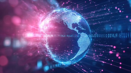 Obraz premium A stylized glowing globe surrounded by rotating binary streams and connection nodes, side view, showing the interplay of global data exchange, cybernetic tone, colored pastel