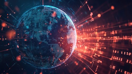 Fototapeta premium A stylized glowing globe surrounded by rotating binary streams and connection nodes, side view, showing the interplay of global data exchange, cybernetic tone, colored pastel