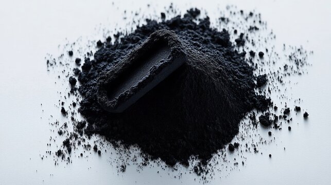 Dark grey powder pile with a rectangular solid.